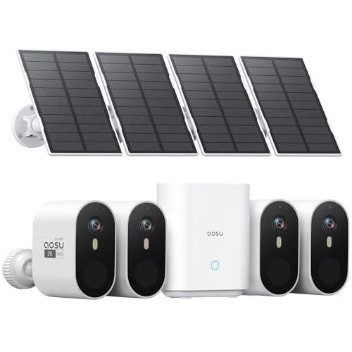 aosu Solar Security Cameras Wireless Outdoor, 4-Cam Kit, 2K QHD Home Security System with 166° Ultra-Wide Angle, Color Night Vision, 60 Days aosuBase Local Storage, No Subscription Needed